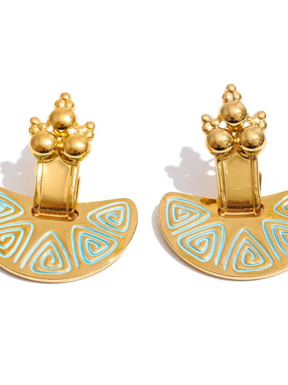 Gold and Turquoise Enamel Fan Clip-On Earrings